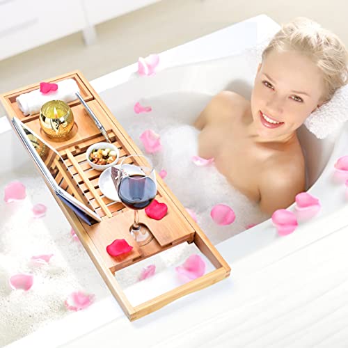 Expandable Bath Tub Tray Table for Luxury Bath, Adjustable Bamboo Bath Caddy Tray with Towel/Wine/Book Holder, Home Bath Accessories