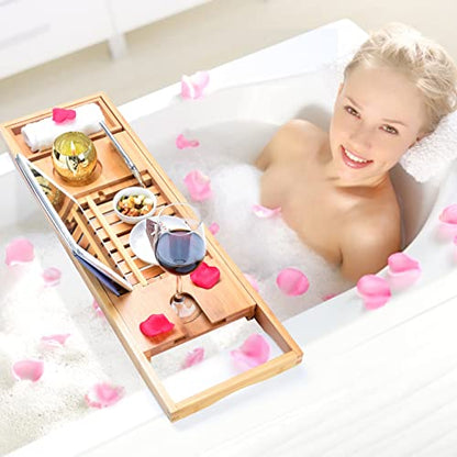 Expandable Bath Tub Tray Table for Luxury Bath, Adjustable Bamboo Bath Caddy Tray with Towel/Wine/Book Holder, Home Bath Accessories