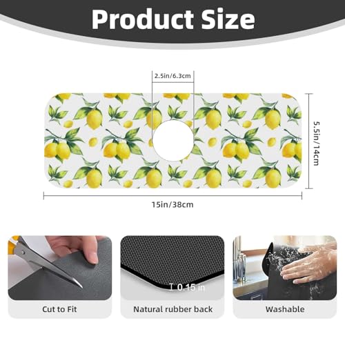 Yellow Lemon Green Leaves Kitchen Sink Splash Guard Faucet Mat Super Absorbent Fast Drying Mat Sink Gadgets-Fast Drying Pad Sink Mat For Kitchen Bathroom (15" X 5.5" ) - color: Yellow Lemon Green Leaves