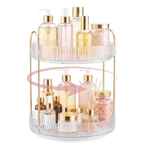 Rotating Makeup Organizer Countertop, Bathroom Lazy Susan Tray Stand | 360° Spinning Perfume & Skincare Vanity Holder, 2-Tier Clear, Desk Counter Organizer and Storage for Easy Visibility - color: Clear