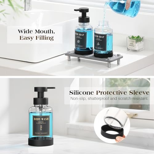 Luxspire 15oz Glass Foaming Soap Dispenser Set, Clear + Dark Gray, 2 Pack | Anti-drip pump, wide mouth easy refill, non-slip silicone base, 7 waterproof labels, refillable glass for hand dish soap - color: Transparent