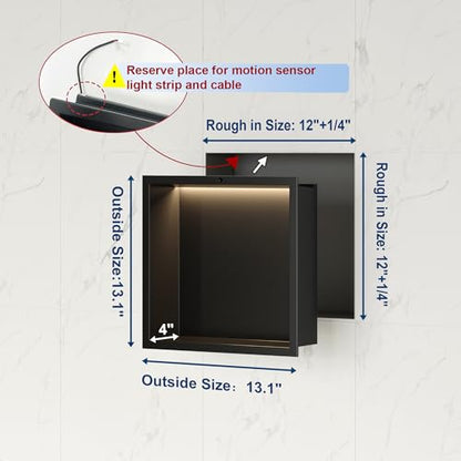 Smart Body Sensor Shower Niche, Black 12"x12" | Recessed Wall Niche with White 3000K LED Light , Waterproof &Rustproof, 304 Stainless Steel Bathroom Cabinet - size: 12X12In