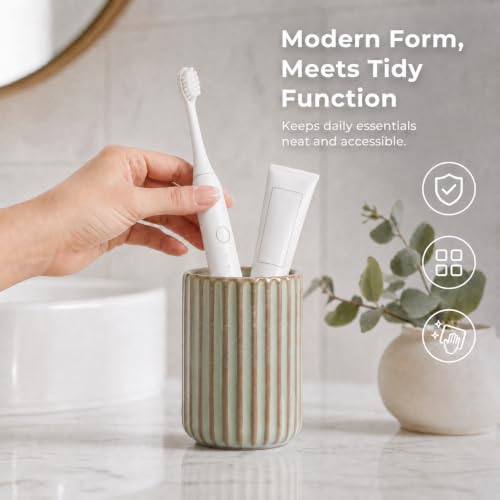Green Ceramic Toothbrush Holder Cup | Striped Modern Farmhouse Bathroom Organizer Toothpaste Cup & Makeup Brush Tumbler - color: Green