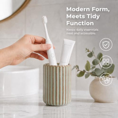 Green Ceramic Toothbrush Holder Cup | Striped Modern Farmhouse Bathroom Organizer Toothpaste Cup & Makeup Brush Tumbler - color: Green
