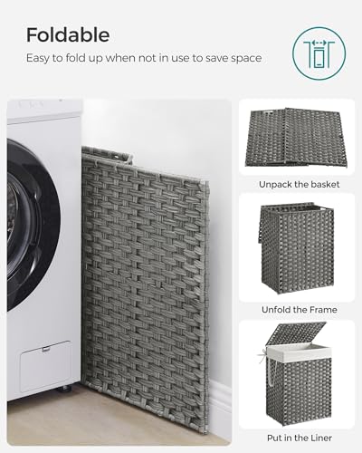 SONGMICS Laundry Hamper with Lid, 23.8 Gallon (90 L) Synthetic Rattan Clothes Laundry Basket with Lid and Handles, Foldable, Removable Liner, Dove Gray ULCB51WG - color: Dove Gray, size: 90 L