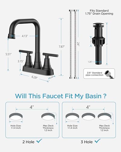 FORIOUS RV Bathroom Sink Faucet Matte Black, 4 In Cenerset Bathroom Faucet | 4 Inch Bathroom Faucet Black 2 Hole or 3 Hole, Black Faucet for Bathroom Sink Centerset with Pop-up Drain and Supply Lines - color: Black