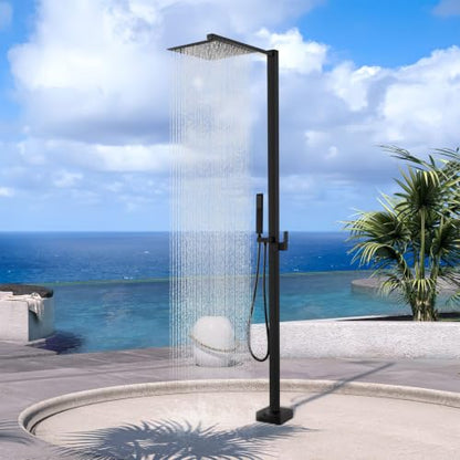 Square Freestanding Outdoor Shower Stainless Steel with 10" Rain Shower Head and Handheld, Matte Black Outdoor Shower Fixtures for Backyard Garden Beach Pool