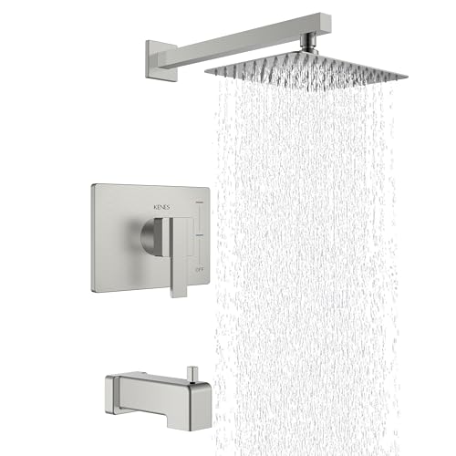 KENES Brushed Nickel Shower Set with Tub Faucet, Tub and Shower Trim Kit | Shower Faucet with 10-Inch Rain Shower Head, Square Shower System, Valve Included, Lead-Free cUPC & NSF Certified, Stainless - color: Brushed Nickel, style: Tub Shower Faucet Set