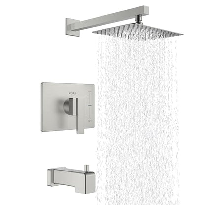 KENES Brushed Nickel Shower Set with Tub Faucet, Tub and Shower Trim Kit | Shower Faucet with 10-Inch Rain Shower Head, Square Shower System, Valve Included, Lead-Free cUPC & NSF Certified, Stainless - color: Brushed Nickel, style: Tub Shower Faucet Set