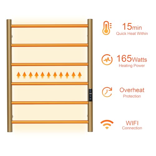 Electric Towel Rack with Voice Control for Alexa & Google Home,TUYA-Wall-Mounted Bathroom Heating Towel Warmer,Plug-in,26.77x20.47x4.39in,Stainless Steel Material,Gold，6 Bars - color: Gold With Wifi, size: 6 Bar