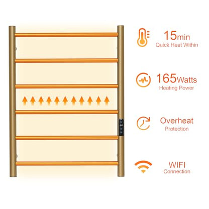 Electric Towel Rack with Voice Control for Alexa & Google Home,TUYA-Wall-Mounted Bathroom Heating Towel Warmer,Plug-in,26.77x20.47x4.39in,Stainless Steel Material,Gold，6 Bars - color: Gold With Wifi, size: 6 Bar