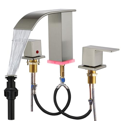 Brushed Nickel Bathroom Sink Faucet 3 Hole, Widespread Vanity faucets with LED Waterfall Modern 3 Hole Faucet for Bathroom Sink pop-up Drain Touch on 2 Handle (Brushed Nickel) - color: Brushed Nickel