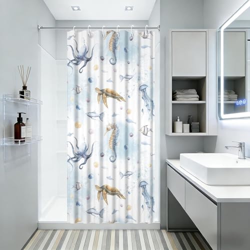 Yeele Ocean Creatures Watercolor Shower Curtain, Turtle Octopus Blue Print Shower Curtain, Waterproof Machine Washable Fabric Bath Curtain 36x72 Inch with Grommets and Hooks - color: Blue 1, size: 36"W x 72"L (Pack of 1)