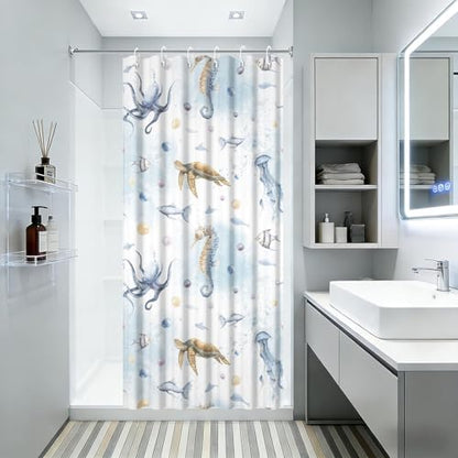 Yeele Ocean Creatures Watercolor Shower Curtain, Turtle Octopus Blue Print Shower Curtain, Waterproof Machine Washable Fabric Bath Curtain 36x72 Inch with Grommets and Hooks - color: Blue 1, size: 36"W x 72"L (Pack of 1)