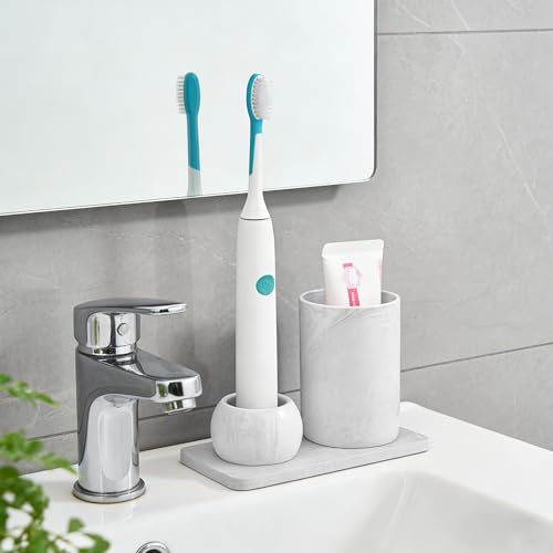Ceramic Toothbrush Holder & Toothbrush Cup with Diatomite Tray for Bathroom, Bathroom Tumbler Cups Reusable Toothbrush Mouthwash Cup, Shower Counter Storage Organizer (Grey) - color: Grey Combination