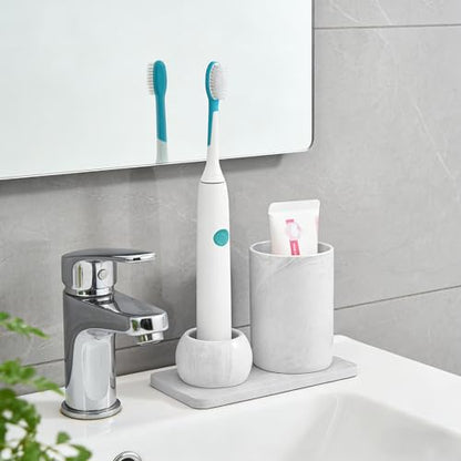 Ceramic Toothbrush Holder & Toothbrush Cup with Diatomite Tray for Bathroom, Bathroom Tumbler Cups Reusable Toothbrush Mouthwash Cup, Shower Counter Storage Organizer (Grey) - color: Grey Combination