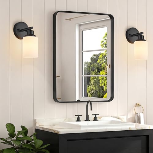 2-Pack, 1-Light Vanity Lights, Matte Black Bathroom Light Fixture with Textured Milky White Glass Shade, E26 Modern Vanity Lighting Fixture for Bathroom Wall Sconce - color: Black, size: 4.7 Inch : 1-Light