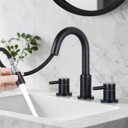 Pull-Down Bathroom Faucet 3 Hole 8 Inch with Pop-Up Drain,Oil Rubbed Bronze | 360° Swivel Spoutr & Dual Modes,8" Widespread 2-Handle, Pop-Up Drain & 10-Min Install for 3-Hole Bathroom Sink Faucets. - color: ORB