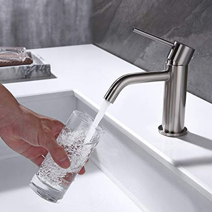 Single Hole Bathroom Sink Faucet with Pop-up Drain Assembly and Faucet Supply Lines, Brushed Nickel Single Handle Lavatory Basin Faucets Taps - color: Brushed Nickel, size: Faucet