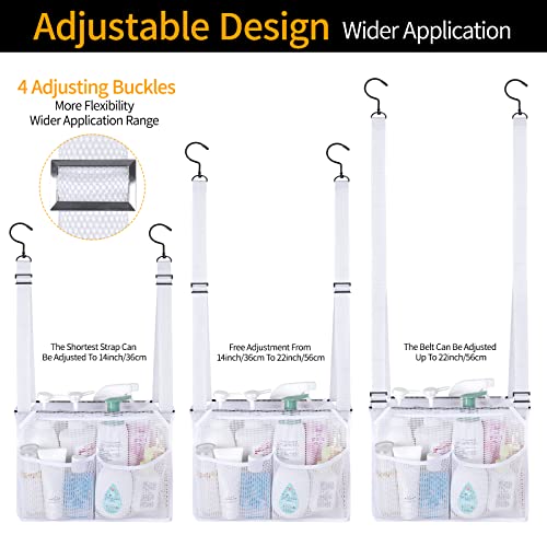 4 Storage Pockets Adjustable Hanging Mesh Bathroom Bag, Shower Caddy College with Hooks, Applied to College Dorm Rooms, Gym, Swimming and RV Travel (White) - color: White
