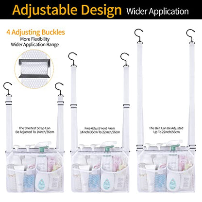 4 Storage Pockets Adjustable Hanging Mesh Bathroom Bag, Shower Caddy College with Hooks, Applied to College Dorm Rooms, Gym, Swimming and RV Travel (White) - color: White