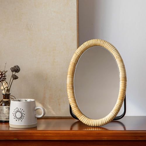 Vanity Table Desk Rattan Mirror 11.8'' x 7.8'',Boho Oval Makeup Mirror with Metal Stand,Portable Small Standing Countertop Mirror,Room Decor for Dresser,Tabletop, Bathroom,Bedroom,Living Room,Office