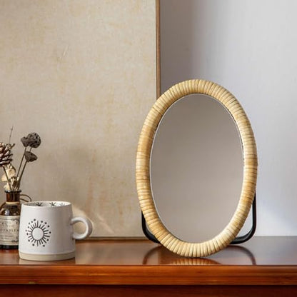Vanity Table Desk Rattan Mirror 11.8'' x 7.8'',Boho Oval Makeup Mirror with Metal Stand,Portable Small Standing Countertop Mirror,Room Decor for Dresser,Tabletop, Bathroom,Bedroom,Living Room,Office