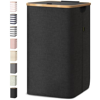 BALEINE Laundry Hamper with Lid, Tall Laundry Baskets with Bamboo Pull Handles, Large Laundry Bin with Internal Support (26Gal/100L, Carbon Black) - color: Carbon Black, size: 100 liters