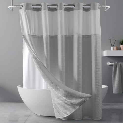 River Dream Gray Cotton Blend Fabric Shower Curtain Set with Liner, 71x74 | Waffle Weave, No Hook Needed, with Snap in Replacement Liner, Top Sheer Window, Hotel Quality Fabric for Bathroom - color: Lake Wanaka, size: 71"W x 74"L (Pack of 1)