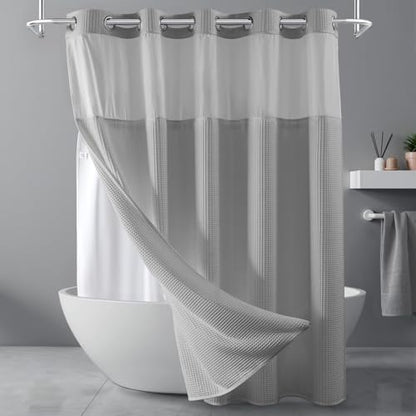 River Dream Gray Cotton Blend Fabric Shower Curtain Set with Liner, 71x74 | Waffle Weave, No Hook Needed, with Snap in Replacement Liner, Top Sheer Window, Hotel Quality Fabric for Bathroom - color: Lake Wanaka, size: 71"W x 74"L (Pack of 1)