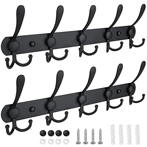 TICONN Wall Mounted Coat Rack, Five Heavy Duty Tri Hooks All Metal Construction for Jacket Coat Hat in Mudroom Entryway (Matte Black, 2-Pack) - color: Matte Black