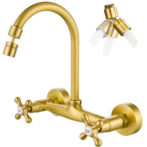 Airuida Antique Brass Wall Mounted Kitchen Faucet,Utility Sink Faucet | 8 Inch Adjustable Center,360° Swivel Spout,Wall Mount Commercial Faucet,Double Cross Handle - color: Antique Brass