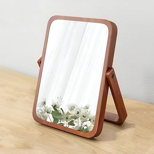 Wooden Desktop Makeup Mirror, Rectangular Tabletop Vanity Mirror with 360° Rotation, Portable High-Definition Single-Sided Cosmetic Mirror for Dressing Table, Bedroom & Bathroom (Walnut Wood) - color: Walnut Wood