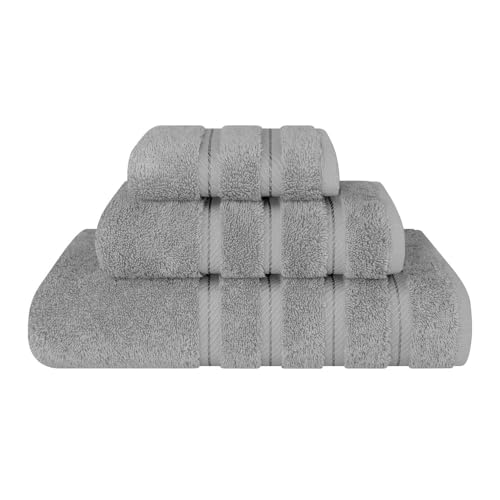 700 GSM Heavy Weight 100% Cotton Turkish Bath Towels Set of 3 | Thick Fluffy Soft Plush Long Fibbers Silver Light gray Color Luxury Quick Dry Super Absorbent Hotel Spa Quality Face Bath Hand Towels