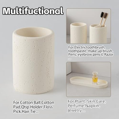Bathroom Accessories Set,4 PCS Travertine Stone Look Collection,Cream | Modern Bath Organizer with 13.53 OZ Soap Dispenser, Toothbrush Holder, Tumbler, Vanity Tray for Countertop Kitchen Sink - color: Cream