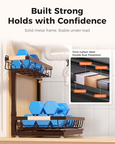 3-Pack 2-Tier Height Adjustable Under Sink Organizer, Brown | Multi-purpose metal storage shelf with sliding shelves for kitchen, bathroom, pantry & laundry cabinet - color: Brown