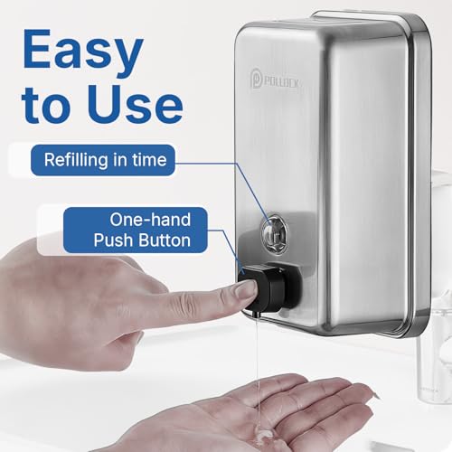 Pollock Commercial Soap Dispenser Wall Mounted 37oz,SUS304 Stainless Steel | Hand Soap Dsipenser Rust-Proof Leak Free 1100ML,Manual Liquid Pump Soap Dispenser for Bathroom Kitchen Office - color: Blk-1618-1100