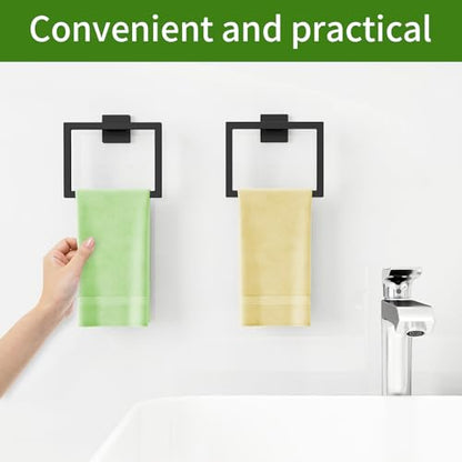 FLE Hand Towel Ring, Towel Rings for Bathroom Wall, 2 Pack, Black | Screw Mount Hardware, Stainless Steel Towel Hanger, Modern Square Hardware - color: Black