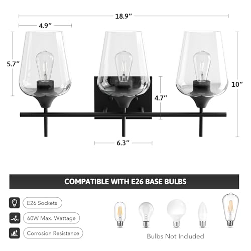 VONLUCE 3 Light Bathroom Vanity Light Fixture,Matte Black | Wine Glass Shades, E26 Sockets, Easy to install, Vanity Lights for Bathroom Bedroom Hallway Living Room - color: Black, size: 3-Light