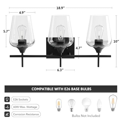 VONLUCE 3 Light Bathroom Vanity Light Fixture,Matte Black | Wine Glass Shades, E26 Sockets, Easy to install, Vanity Lights for Bathroom Bedroom Hallway Living Room - color: Black, size: 3-Light