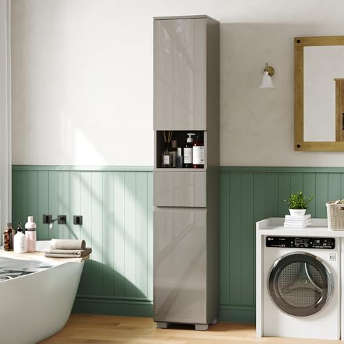 MHOM High Glossy Slim Bathroom Cabinet. 66.9" Tall Storage Cabinet with Drawer and Adjustable Shelves, Narrow Linen Cabinet for Bathroom, Laundry, and Living Room, Grey - color: Grey