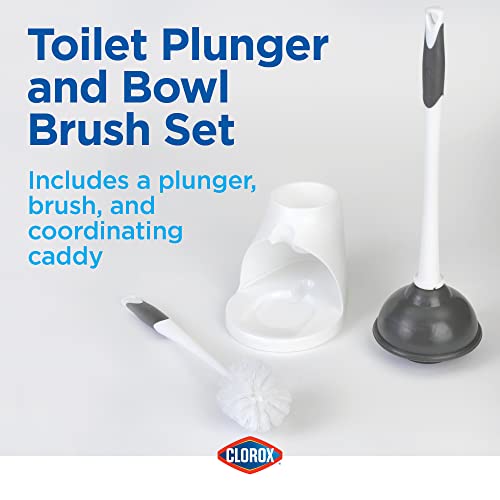 Clorox Toilet Plunger and Bowl Brush Combo Set with Caddy, 6.75" x 7" x 19.5", White/Gray, Pack of 2 - Plunger and Toilet Bowl Brush, Heavy Duty Plunger, Toilet Cleaning Brush, Freestanding Caddy - size: 2-Pack