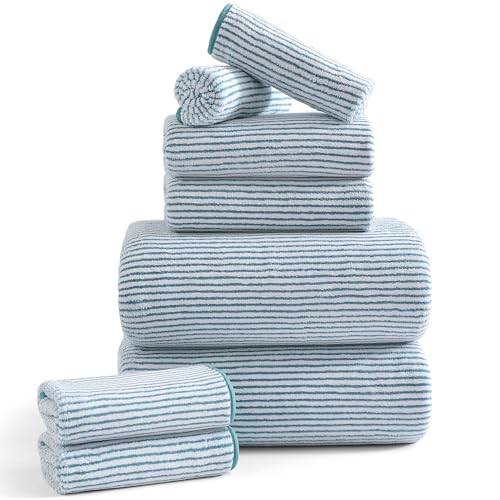 8-Piece Premium Towel Set for Bathroom|2 Oversized Large Bath Sheet,2 Hand Towels,4 Washcloths|Soft Cozy Highly Absorbent Fast Dry Microfiber Shower Towel Set for Hotel Bathroom Essentials,Lake Blue - color: Lake Blue, size: 8 Piece Towel Set (Mixed Sizes