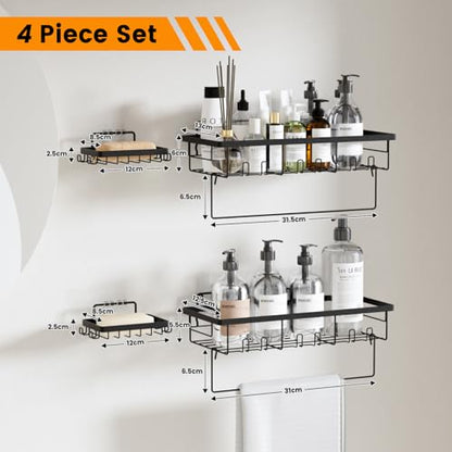 4-Pack Adhesive Bathroom & Kitchen Organizer Rack with Soap Holder | Large Capacity Rustproof Storage Shelf for Home Decor