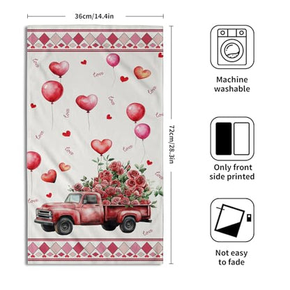 Giwawa Watercolor Valentine Truck Hand Towel Red Rose Flowers Kitchen Towels Love Heart Cotton Towel Set of 2 - color: Valentine Rose Truck-red, size: 28.3" x 14.4"(Pack of 2)