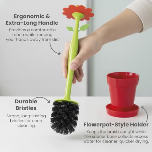 Vigar Flower Power Toilet Brush and Holder Set, House and Bathroom, Red | Toilet Bowl Cleaner, Daisy-Shaped Handle, Flowerpot Base and Saucer, for House and Bathroom - color: Red