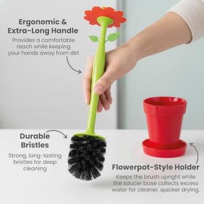 Vigar Flower Power Toilet Brush and Holder Set, House and Bathroom, Red | Toilet Bowl Cleaner, Daisy-Shaped Handle, Flowerpot Base and Saucer, for House and Bathroom - color: Red