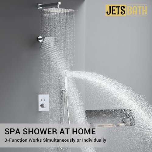 Thermostatic Shower System, Dual Rainfall Shower Faucet(Chrome) | 12 Inch Shower Head, 6 Inch Wall Mount Head, High Pressure Handheld Sprayer, Push Button Valve - color: Polished Chrome