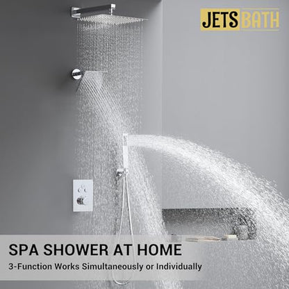 Thermostatic Shower System, Dual Rainfall Shower Faucet(Chrome) | 12 Inch Shower Head, 6 Inch Wall Mount Head, High Pressure Handheld Sprayer, Push Button Valve - color: Polished Chrome