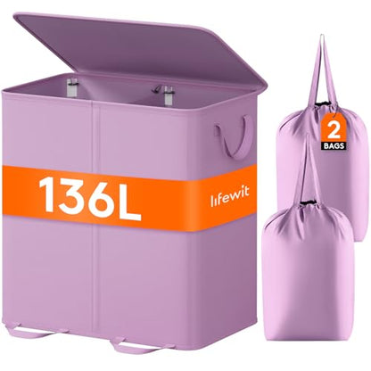 Lifewit Double Laundry Hamper with Lid and Removable Laundry Bags, Large Collapsible 2 Dividers Dirty Clothes Basket with Handles for Bedroom Laundry Room Closet Bathroom College, 136L Purple - color: Purple, size: 136L